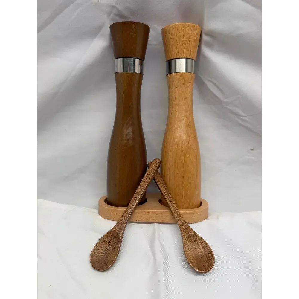 [NIB] Warmkey Wooden Salt and Pepper Grinder Set with Wooden Tray & Spoons